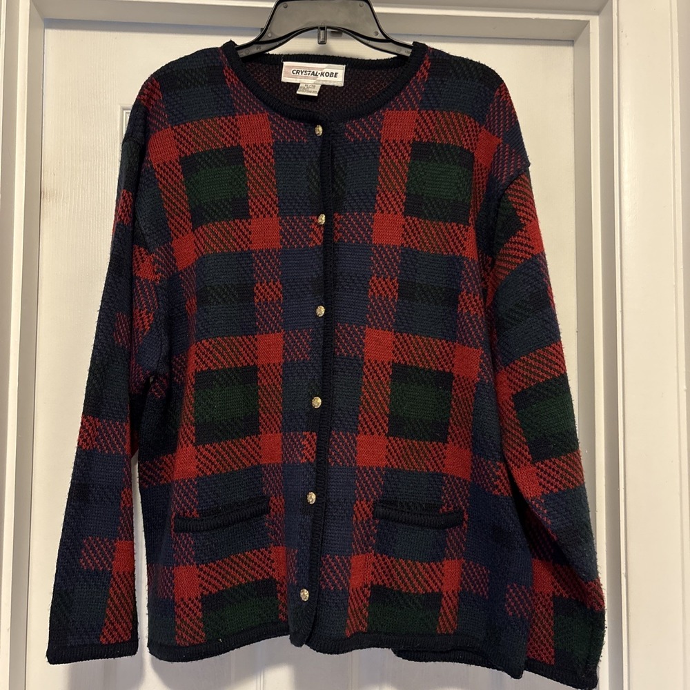 Crystal Kobe Red Blue Green Plaid Tartan Gold Button Knit Cardigan XL Vtg Preppy